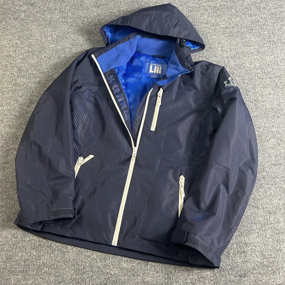 Super Bowl LIII Jacket Womens Large Navy Blue Hooded NFL Football Zip Pockets